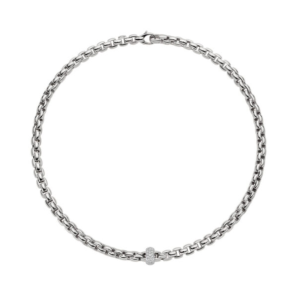 An 18ct white gold necklace with a single diamond set rondel, belonging to FOPE's EKA collection.