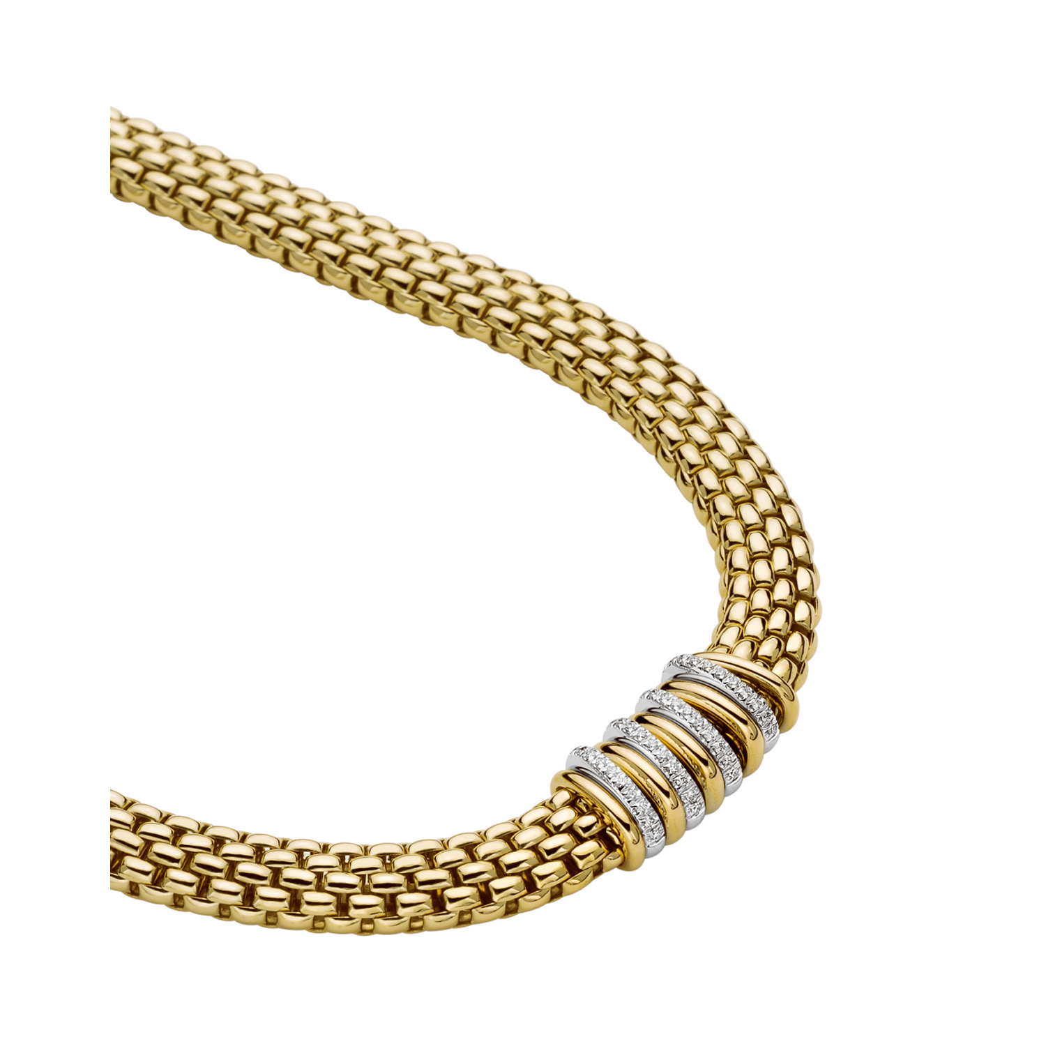 An 18ct yellow gold necklace with four diamond set white gold rondels and five polished rondels belonging to FOPE's Panorama collection.