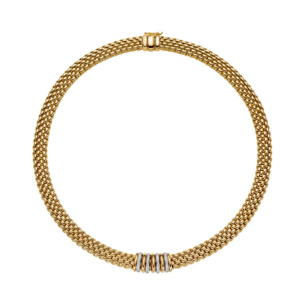 An 18ct yellow gold necklace with four diamond set white gold rondels and five polished rondels belonging to FOPE's Panorama collection.