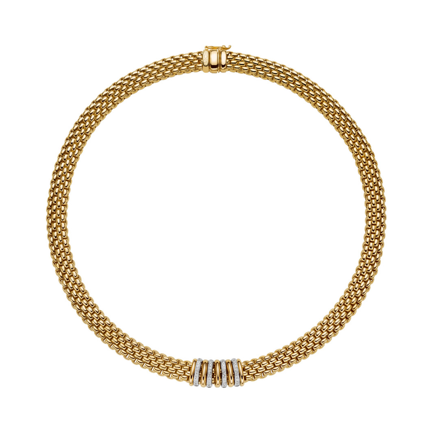 An 18ct yellow gold necklace with four diamond set white gold rondels and five polished rondels belonging to FOPE's Panorama collection.