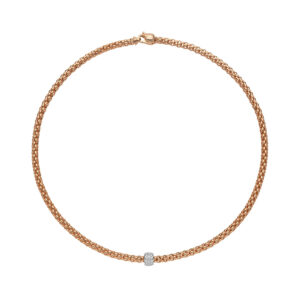 An 18ct rose and white gold necklace with a pave diamond set rodel belonging to FOPE's Solo collection.