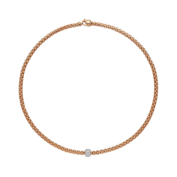 An 18ct rose and white gold necklace with a pave diamond set rodel belonging to FOPE's Solo collection.
