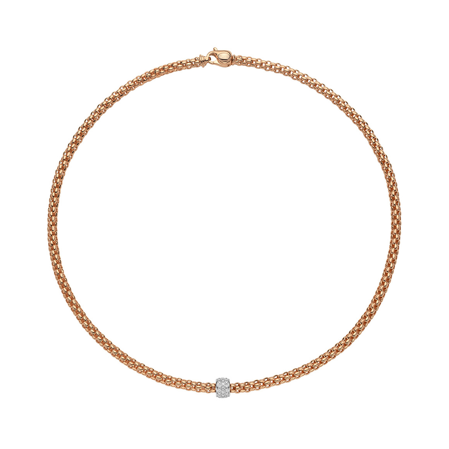 FOPE, Solo Collection, 18ct Rose Gold Pave Diamond Necklace: 0.29 carats An 18ct rose and white gold necklace with a pave diamond set rodel belonging to FOPE's Solo collection.