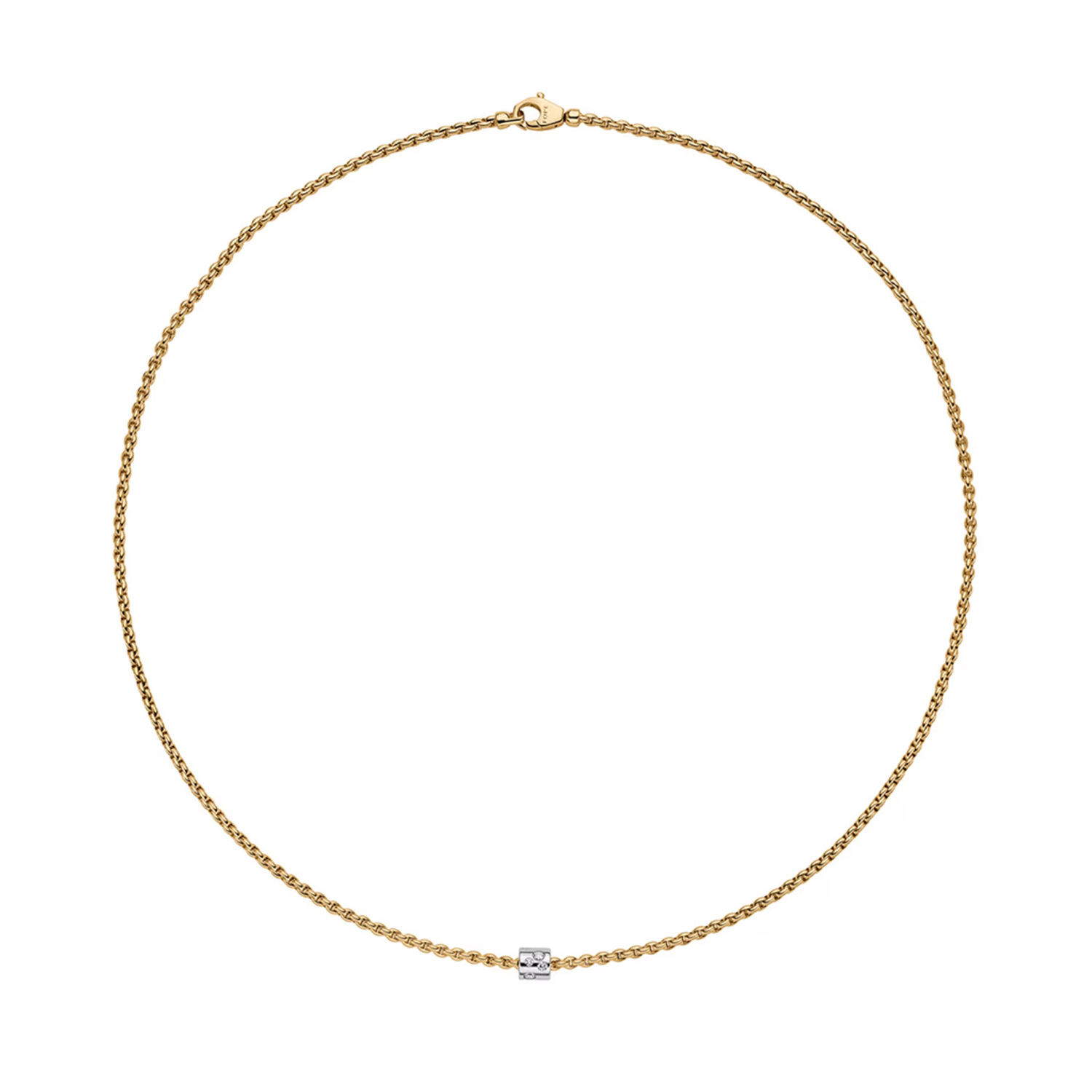 An 18ct yellow gold necklace with a single 18ct white gold diamond set rondel belonging to FOPE's Aria collection.