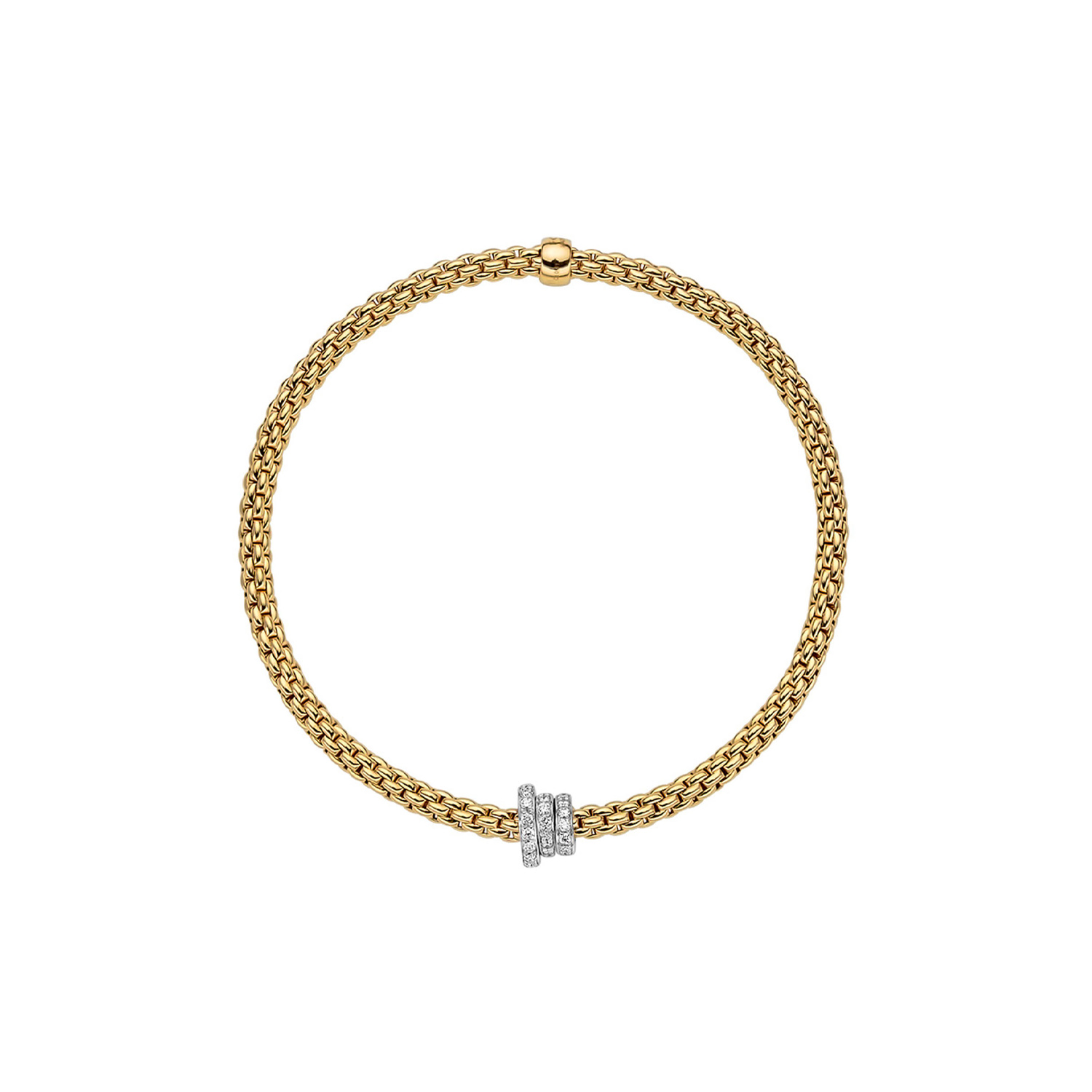 FOPE, Prima Collection, 18ct Yellow Gold Diamond Flex'It Bracelet: 0.31 carats An 18ct yellow gold Flex'It bracelet with three pave diamond set rondels in white gold belonging to FOPE's Prima collection.