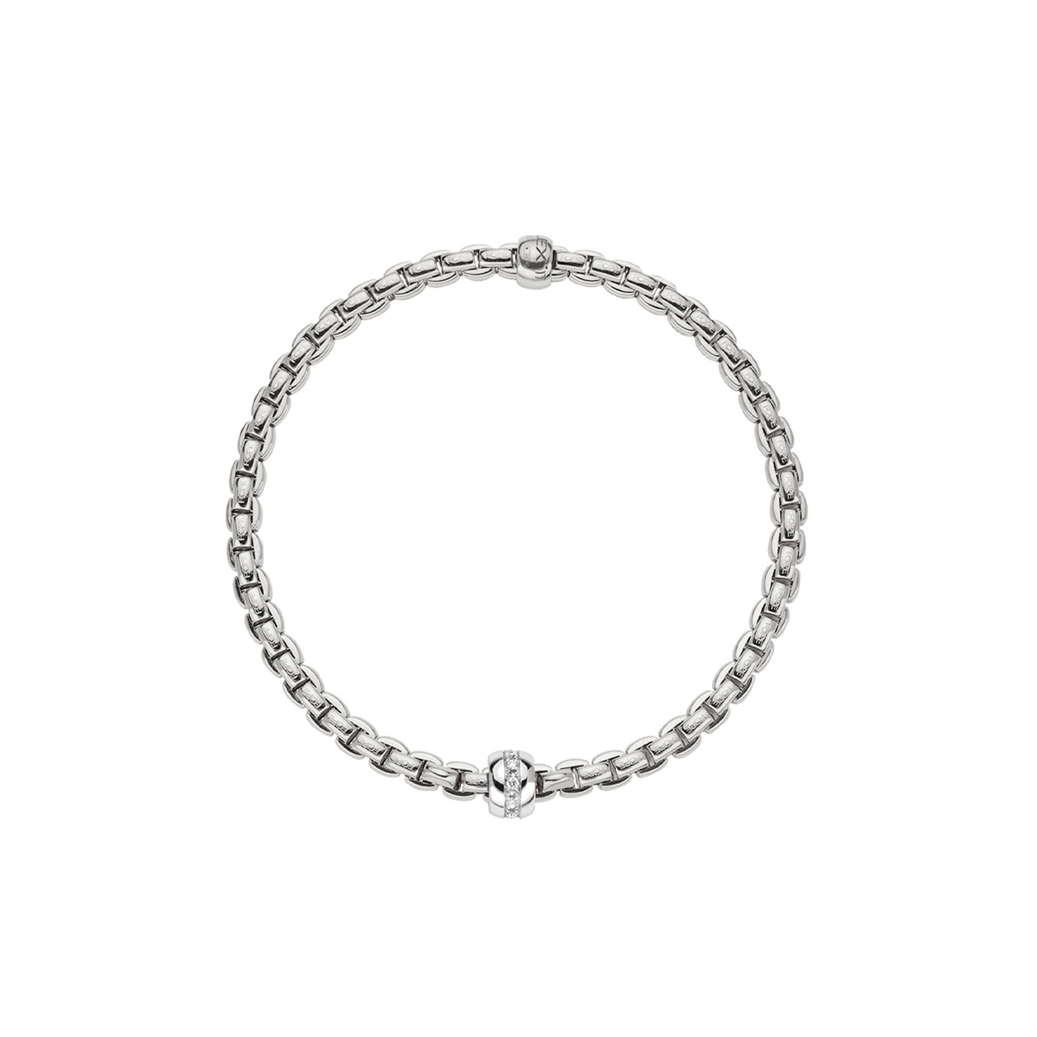 An 18ct white gold Flex'It bracelet with a single diamond set rondel belonging to FOPE's EKA collection.