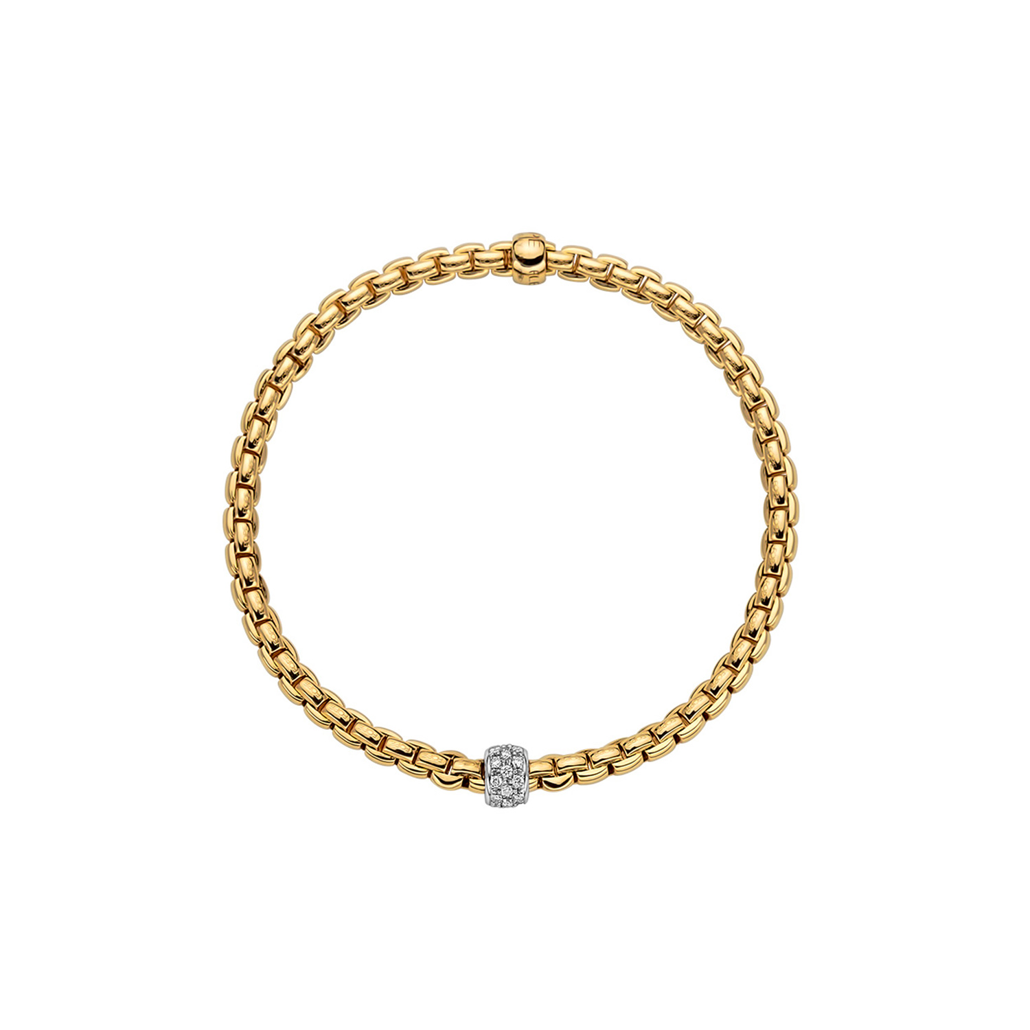 An 18ct yellow gold Flex'It bracelet with a white gold pave diamond set rondel belonging to FOPE's EKA Tiny collection.