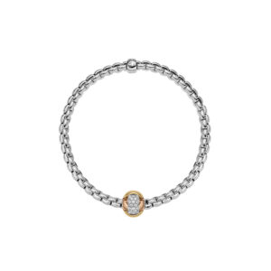 An 18ct white gold Flex'It bracelet with a pave diamond set rose gold rondel belonging to FOPE's EKA Tiny collection.