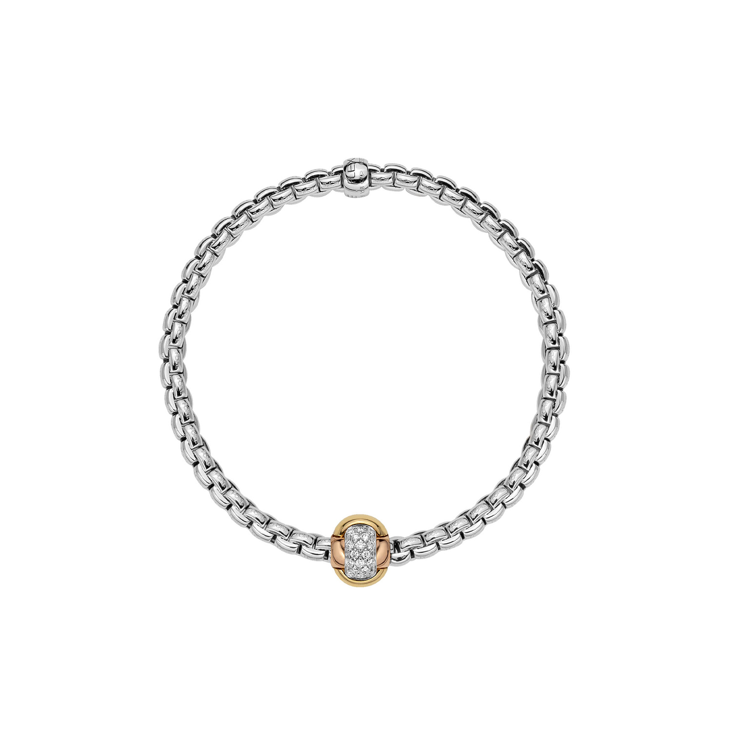 An 18ct white gold Flex'It bracelet with a pave diamond set rose gold rondel belonging to FOPE's EKA Tiny collection.