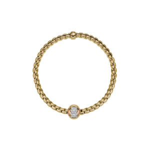 An 18ct yellow gold Flex'It bracelet with a pave diamond set rose gold rondel belonging to FOPE's EKA Tiny collection.