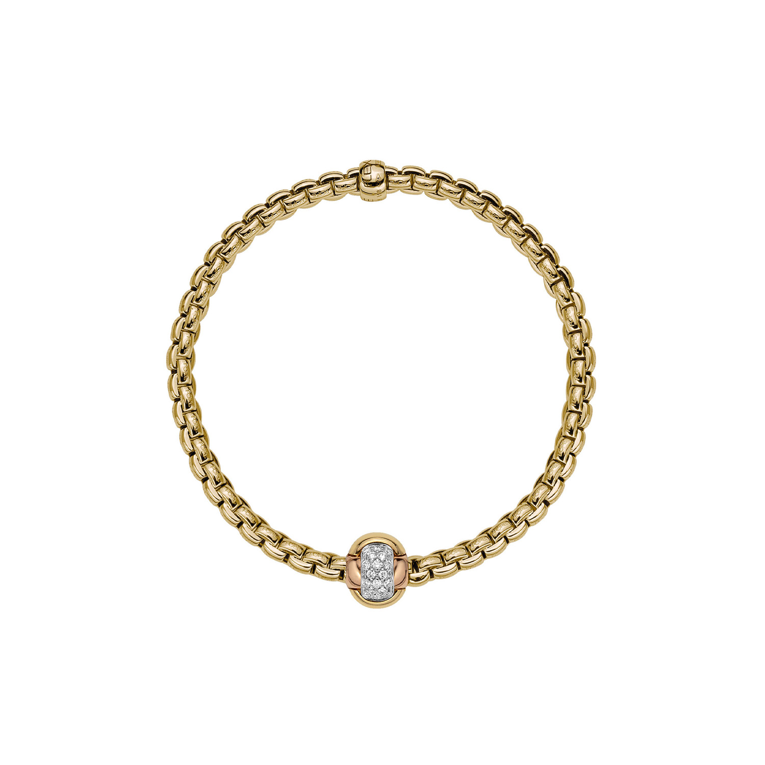 An 18ct yellow gold Flex'It bracelet with a pave diamond set rose gold rondel belonging to FOPE's EKA Tiny collection.