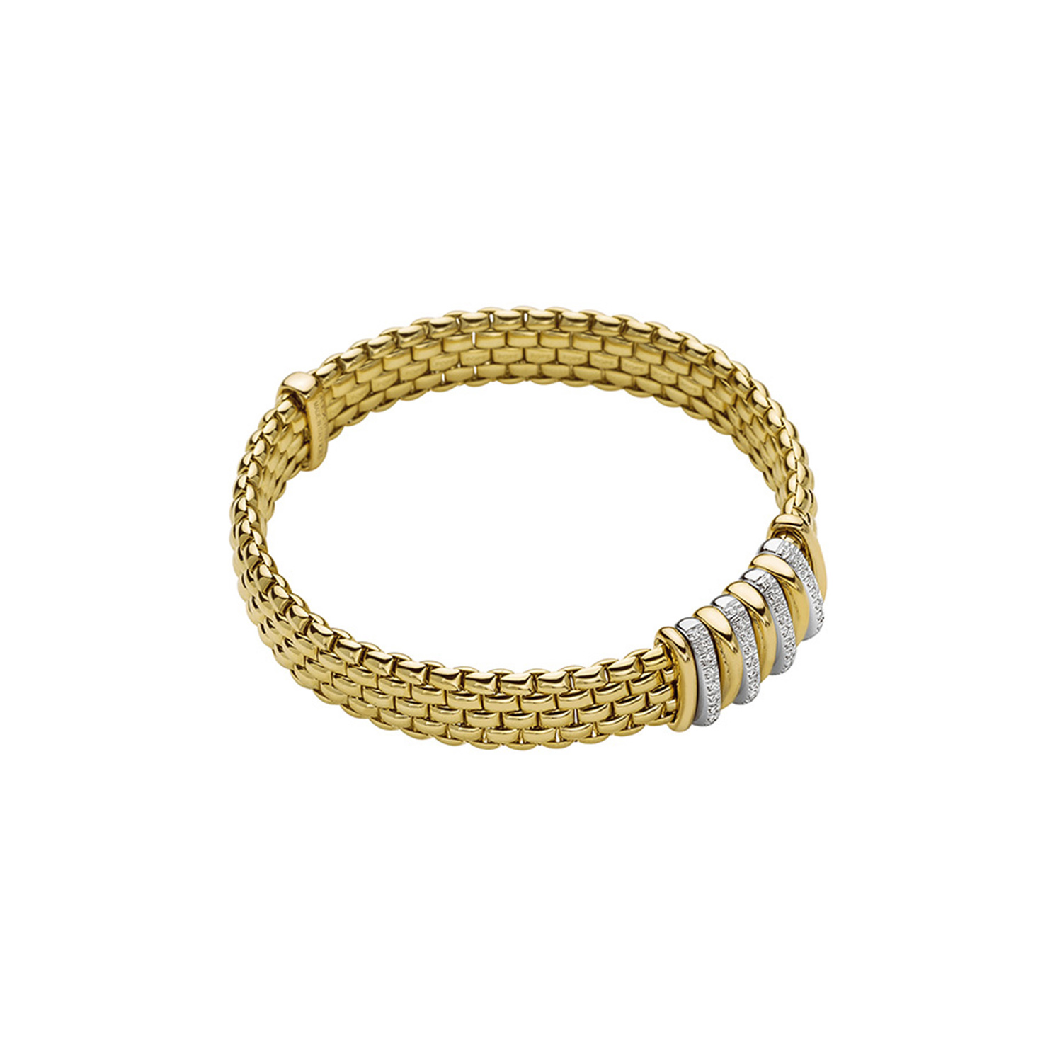 An 18ct yellow gold Flex'It bracelet with diamond set yellow and white gold rondels belonging to FOPE's Panorama collection.
