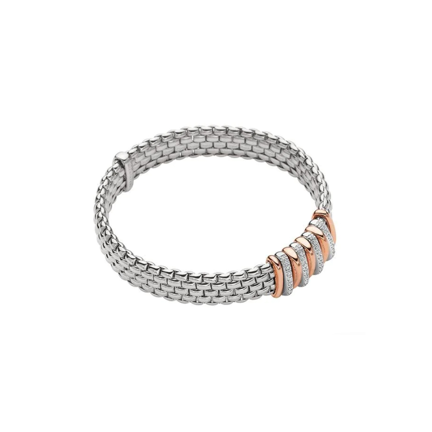 An 18ct white gold Flex'It bracelet with four pave diamond set white gold rondels and five polished 18ct rose gold rondels, belonging to FOPE's Panorama collection.