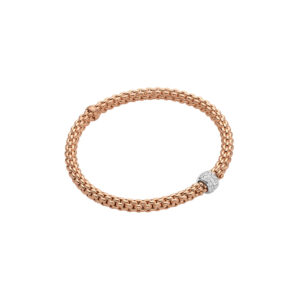 An 18ct rose and white gold Flex'It bracelet with a single pave diamond set rondel belonging to FOPE's Solo collection.