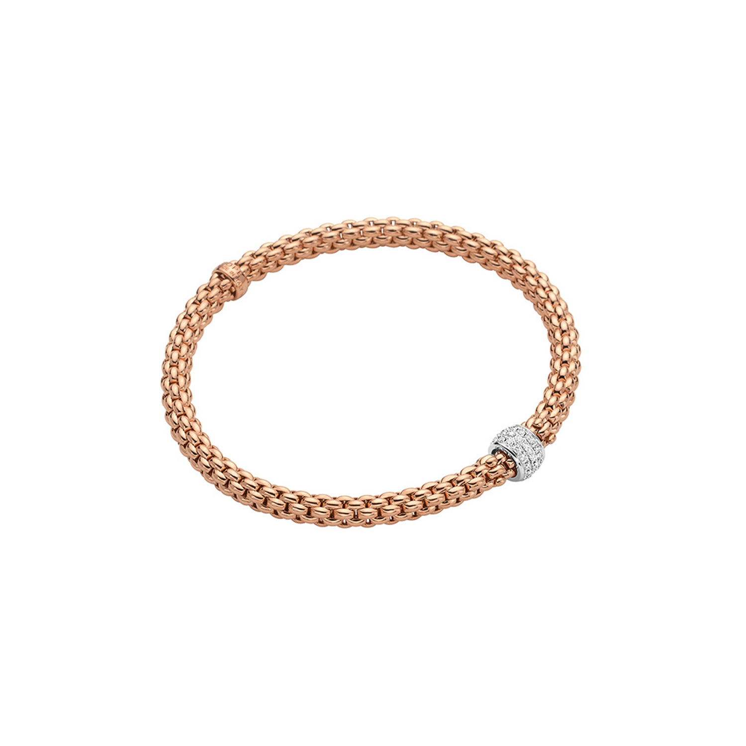 FOPE, Solo Collection, 18ct Rose Gold Pave Diamond Flex'It Bracelet: 0.29 carats An 18ct rose and white gold Flex'It bracelet with a single pave diamond set rondel belonging to FOPE's Solo collection.