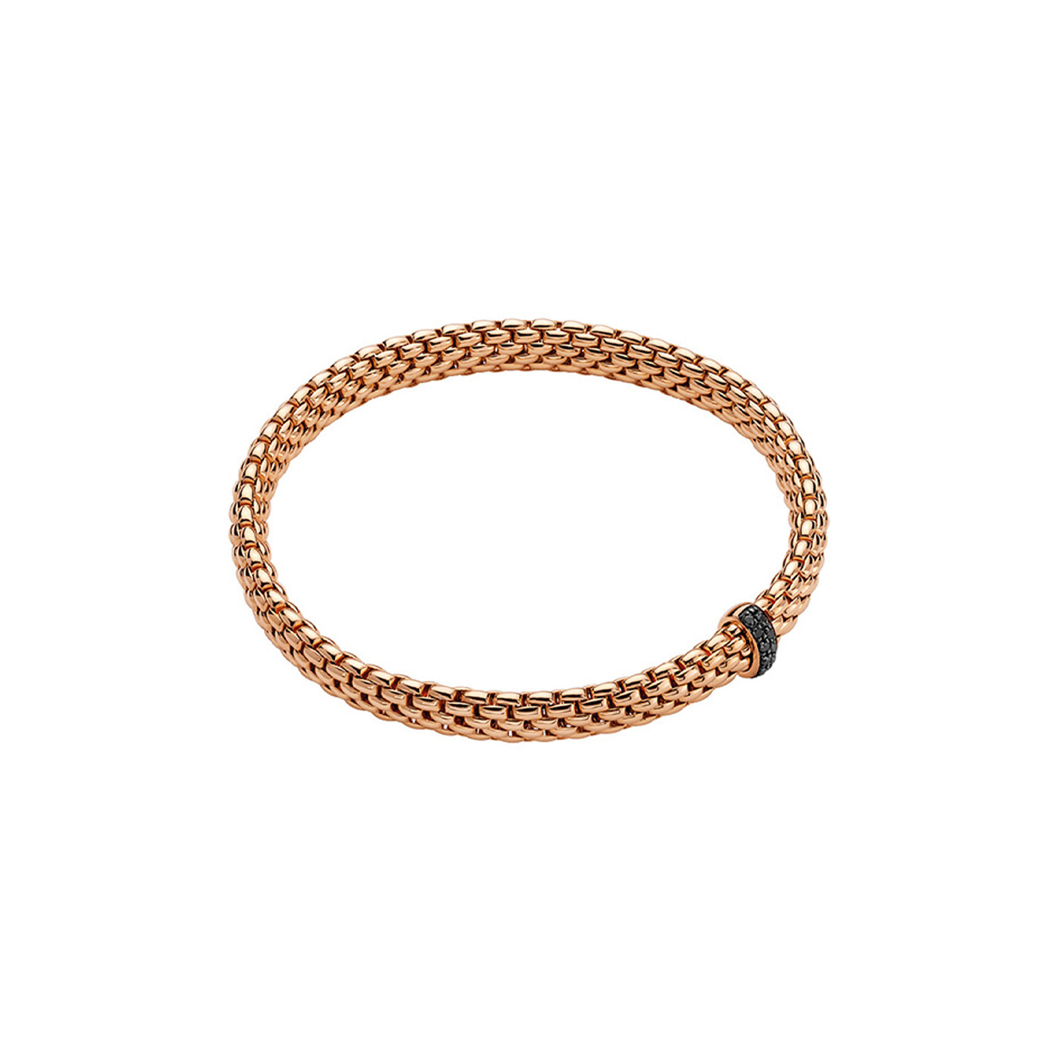 An 18ct rose gold Flex'It bracelet with a single pave set black diamond rondel belonging to FOPE's Vendôme collection.