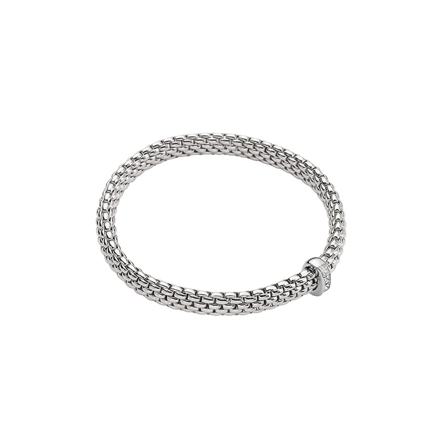 An 18ct white gold Flex'It bracelet with a single diamond set rondel belonging to FOPE's Vendôme Collection.