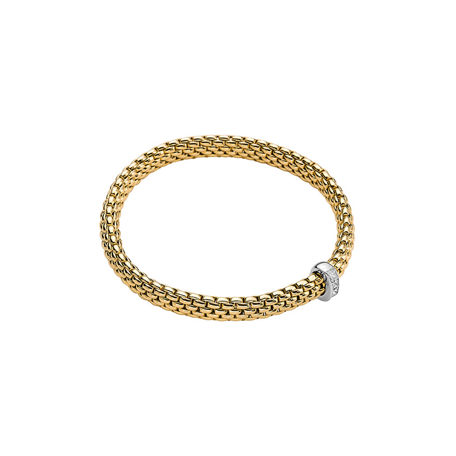 An 18ct yellow gold Flex'It bracelet with a single diamond set white gold rondel belonging to FOPE's Vendôme collection.
