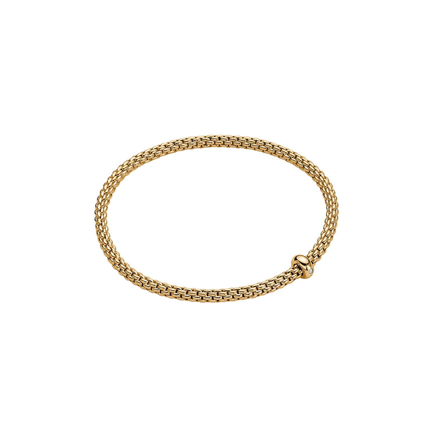 An 18ct yellow gold Flex'It bracelet with a single diamond set rondel belonging to FOPE's Prima collection.