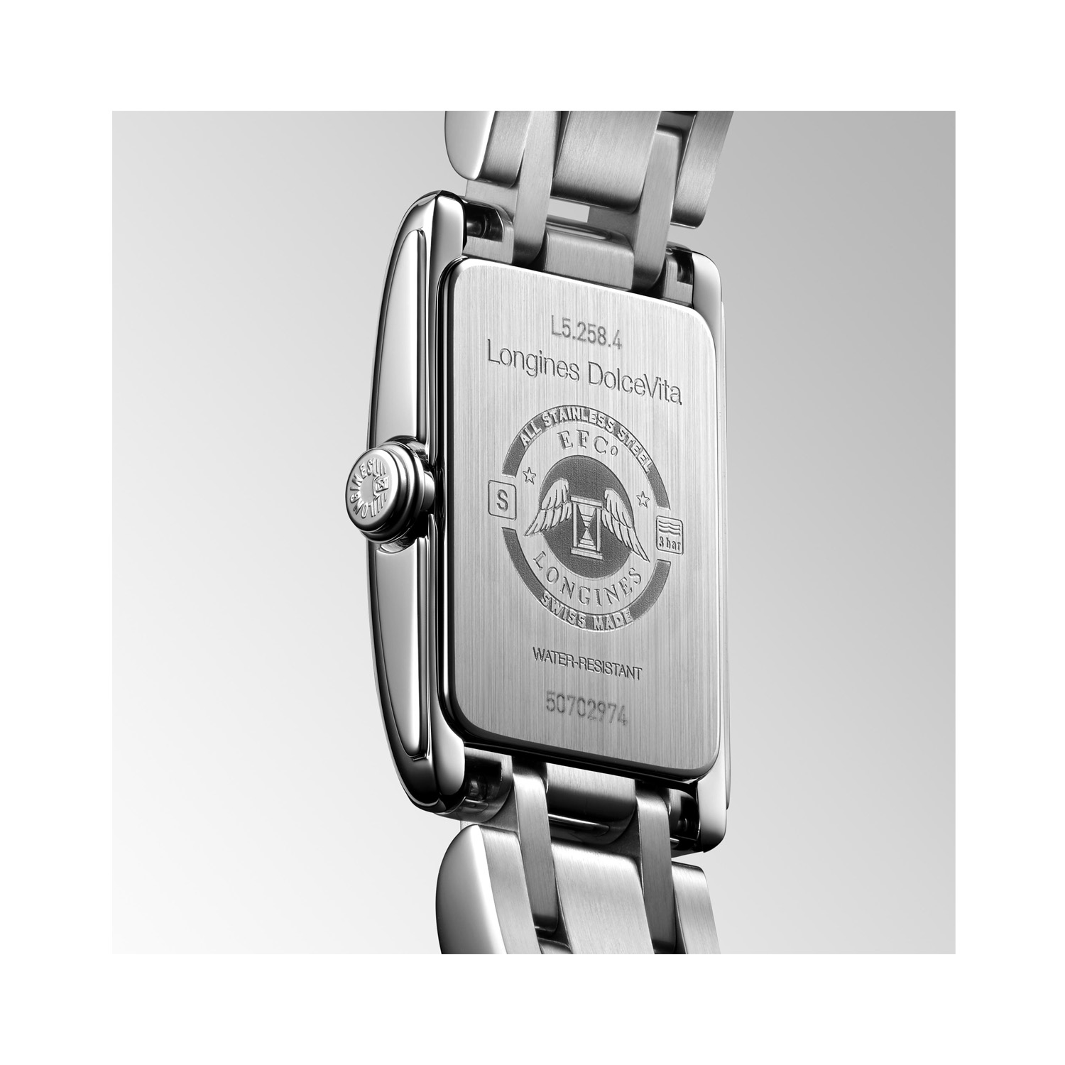 Longines, DolceVita with a 17.7 x 27mm stainless steel case and bracelet strap featuring a silver dial.