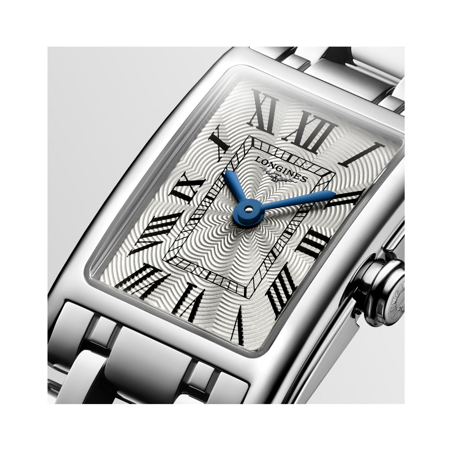 Longines, DolceVita with a 17.7 x 27mm stainless steel case and bracelet strap featuring a silver dial.