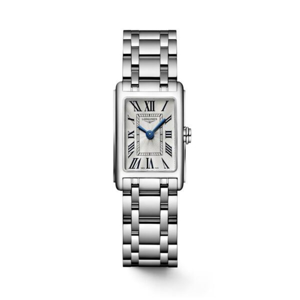 Longines, DolceVita with a 17.7 x 27mm stainless steel case and bracelet strap featuring a silver dial.