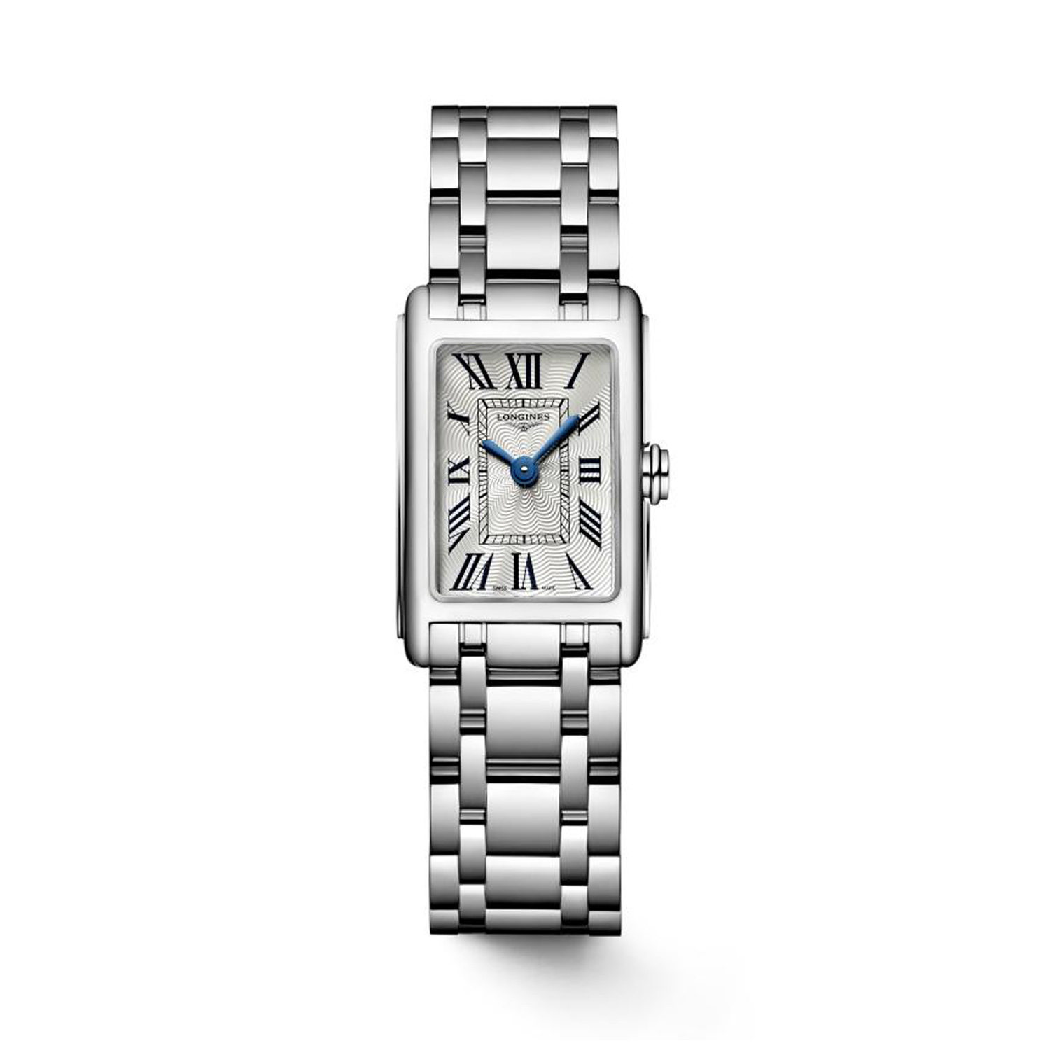 Longines, DolceVita with a 17.7 x 27mm stainless steel case and bracelet strap featuring a silver dial.