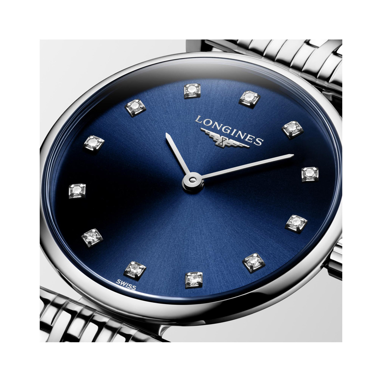 Longines, La Grande Classique with a 24mm stainless steel case and bracelet strap featuring a sunray blue diamond set dial.