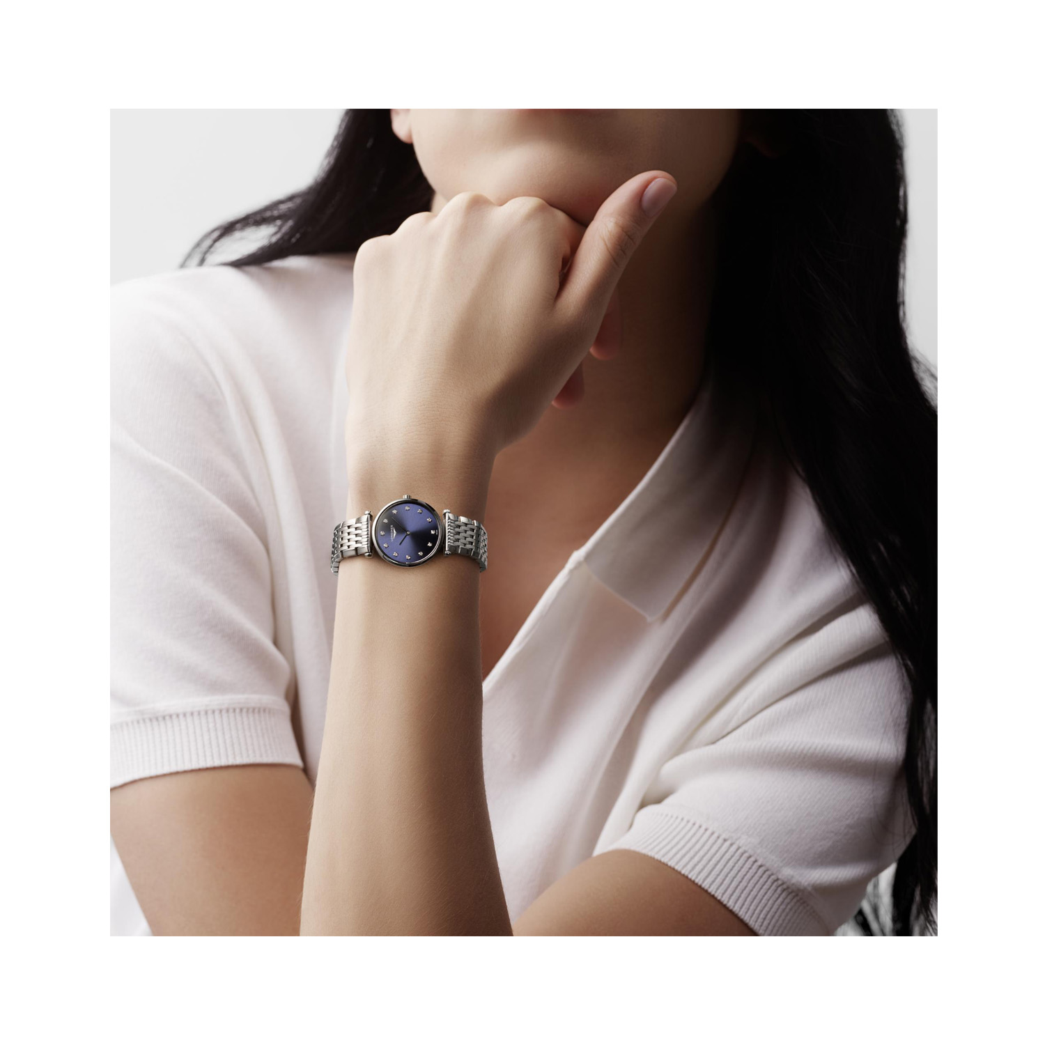 Longines, La Grande Classique with a 24mm stainless steel case and bracelet strap featuring a sunray blue diamond set dial.