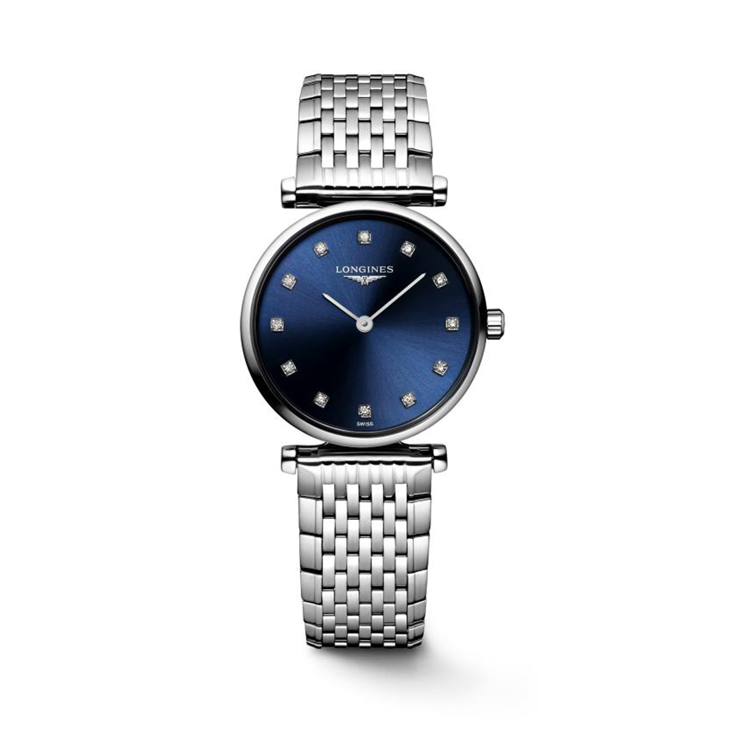 Longines, La Grande Classique with a 24mm stainless steel case and bracelet strap featuring a sunray blue diamond set dial.