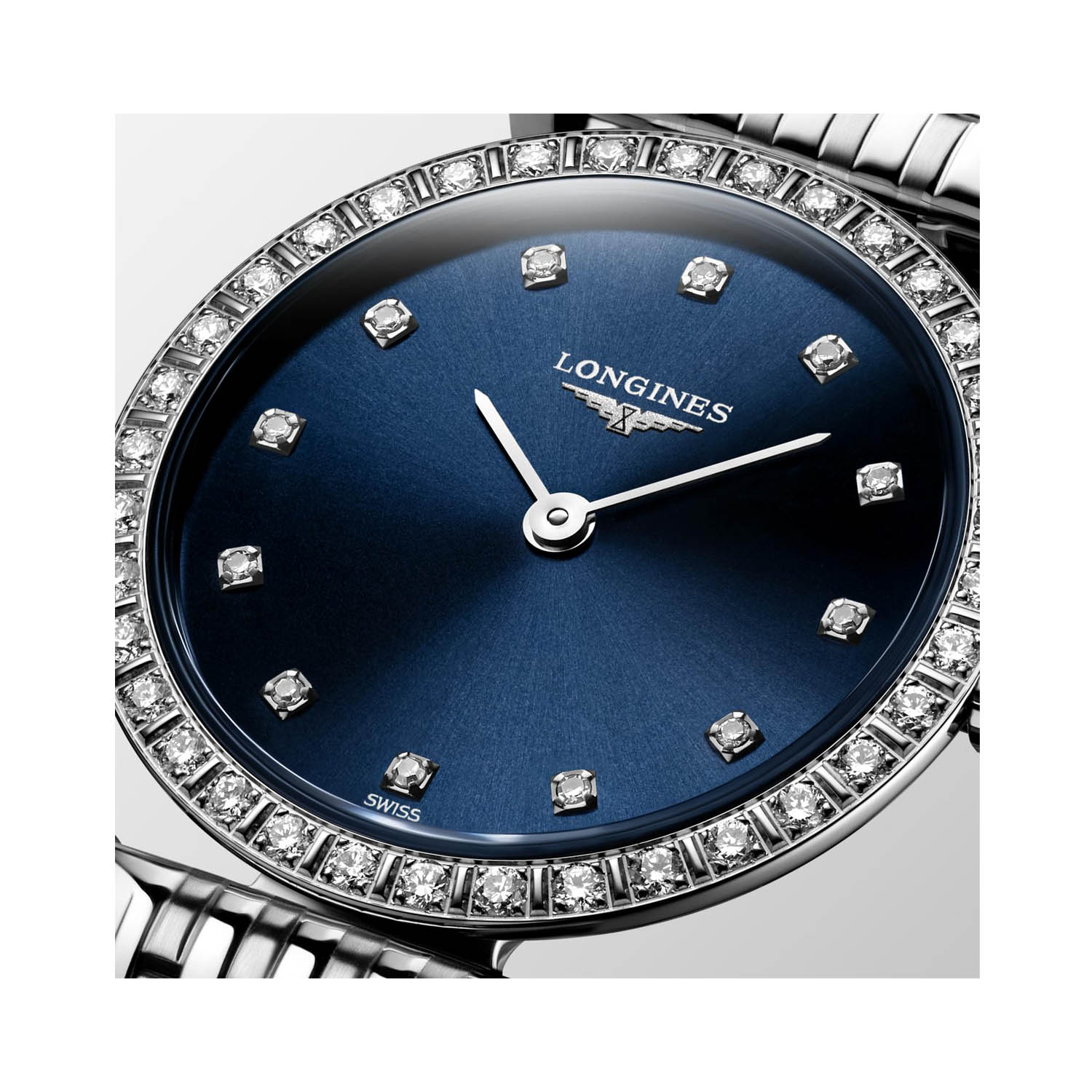 Longines, La Grande Classique with a 24mm stainless steel case and bracelet strap featuring a sunray blue diamond dial with diamond set bezel.