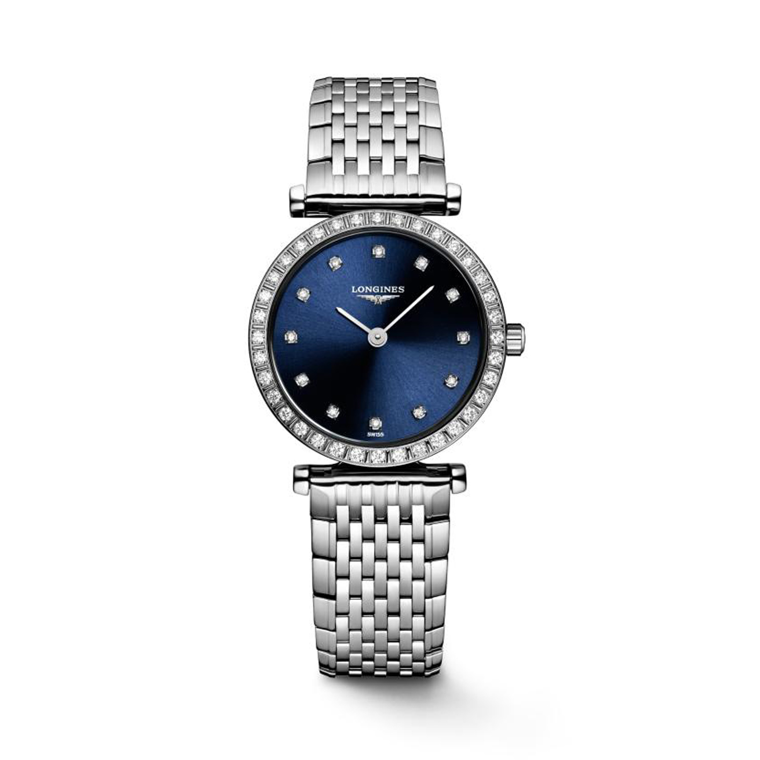 Longines, La Grande Classique with a 24mm stainless steel case and bracelet strap featuring a sunray blue diamond dial with diamond set bezel.