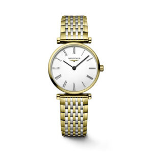 Longines, La Grande Classique with a 24mm stainless steel and yellow gold PVD coated case and bracelet strap feeaturing a white dial.