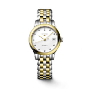 Longines, Flagship Classic with a 26mm stainless steel and yellow gold PVD coated case and bracelet strap featuring a date function and a white dial with diamonds.