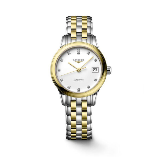 Longines, Flagship Classic with a 26mm stainless steel and yellow gold PVD coated case and bracelet strap featuring a date function and a white dial with diamonds.