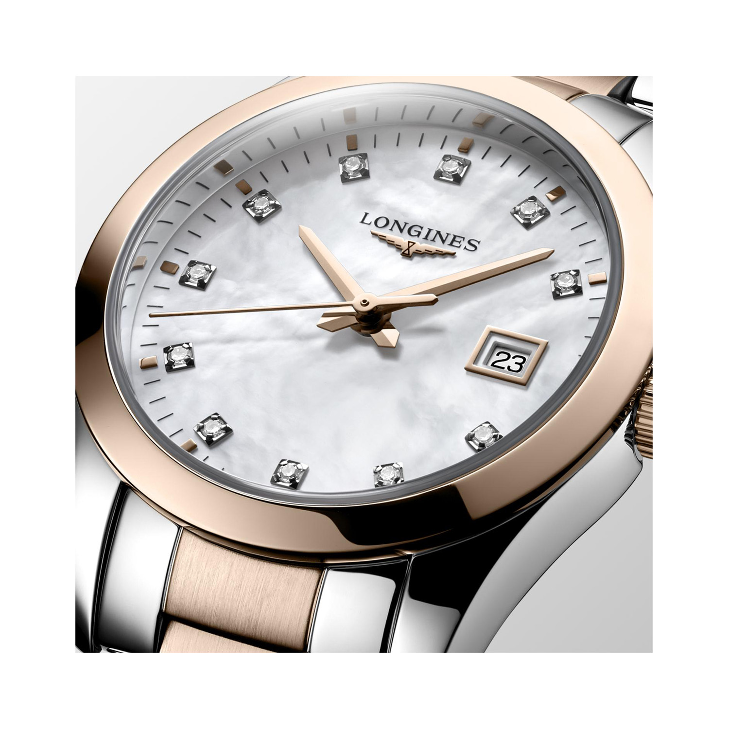 Longines, Conquest Classic Bi-Colour with Diamonds, Quartz Women's Watch Longines, Conquest Classic with a 29.5mm stainless steel and rose gold PVD coated case and bracelet strap featuring a mother of pearl, diamond set dial.