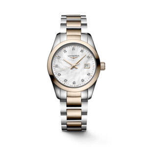 Longines, Conquest Classic with a 29.5mm stainless steel and rose gold PVD coated case and bracelet strap featuring a mother of pearl, diamond set dial.