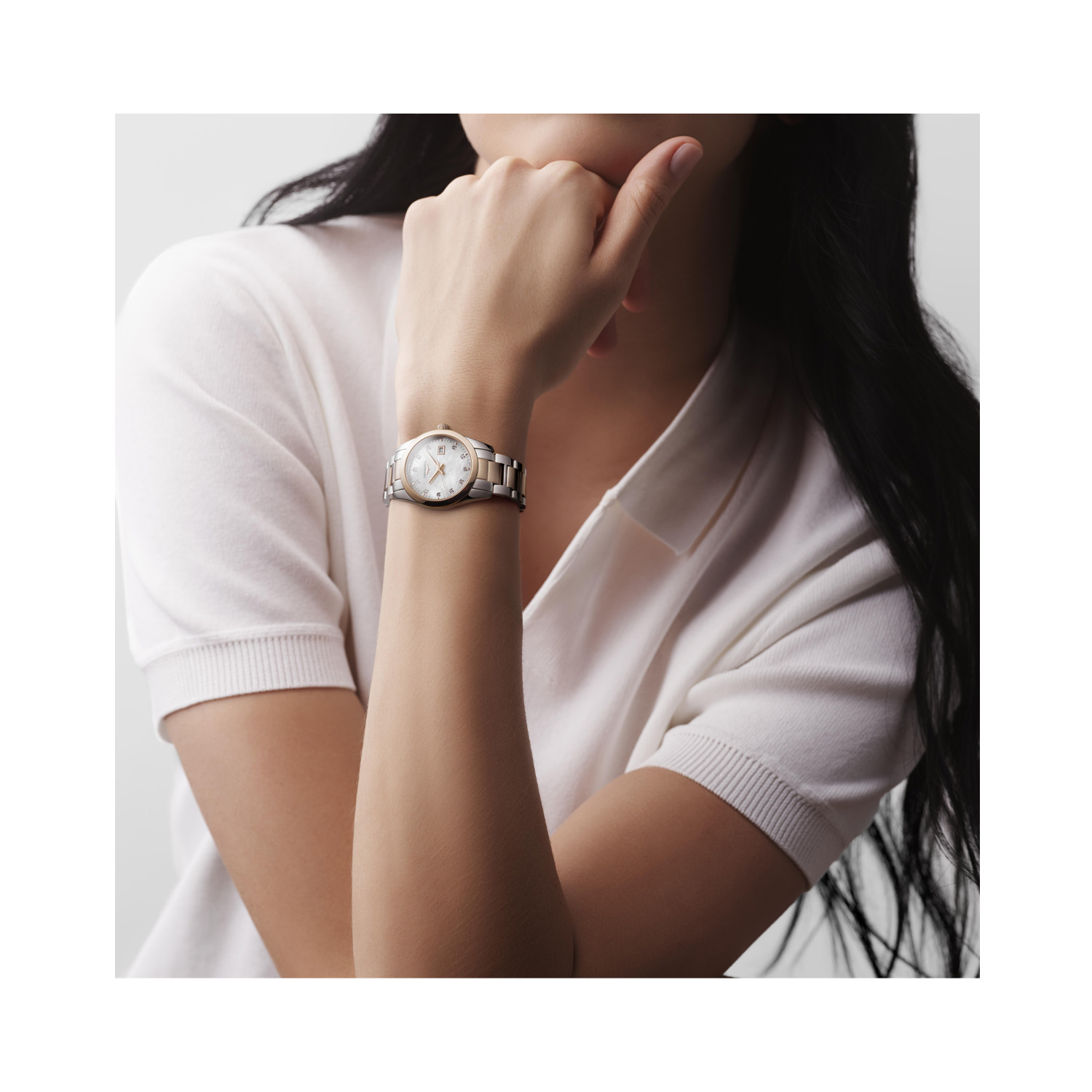 Longines, Conquest Classic Bi-Colour with Diamonds, Quartz Women's Watch Longines, Conquest Classic with a 29.5mm stainless steel and rose gold PVD coated case and bracelet strap featuring a mother of pearl, diamond set dial.