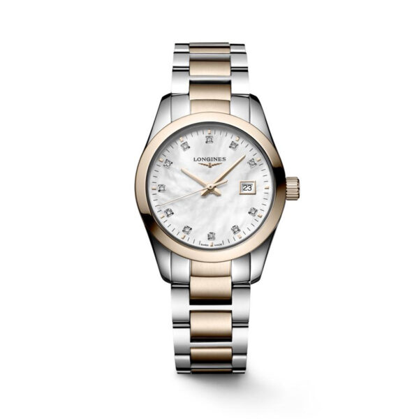 Longines, Conquest Classic with a 29.5mm stainless steel and rose gold PVD coated case and bracelet strap featuring a mother of pearl, diamond set dial.