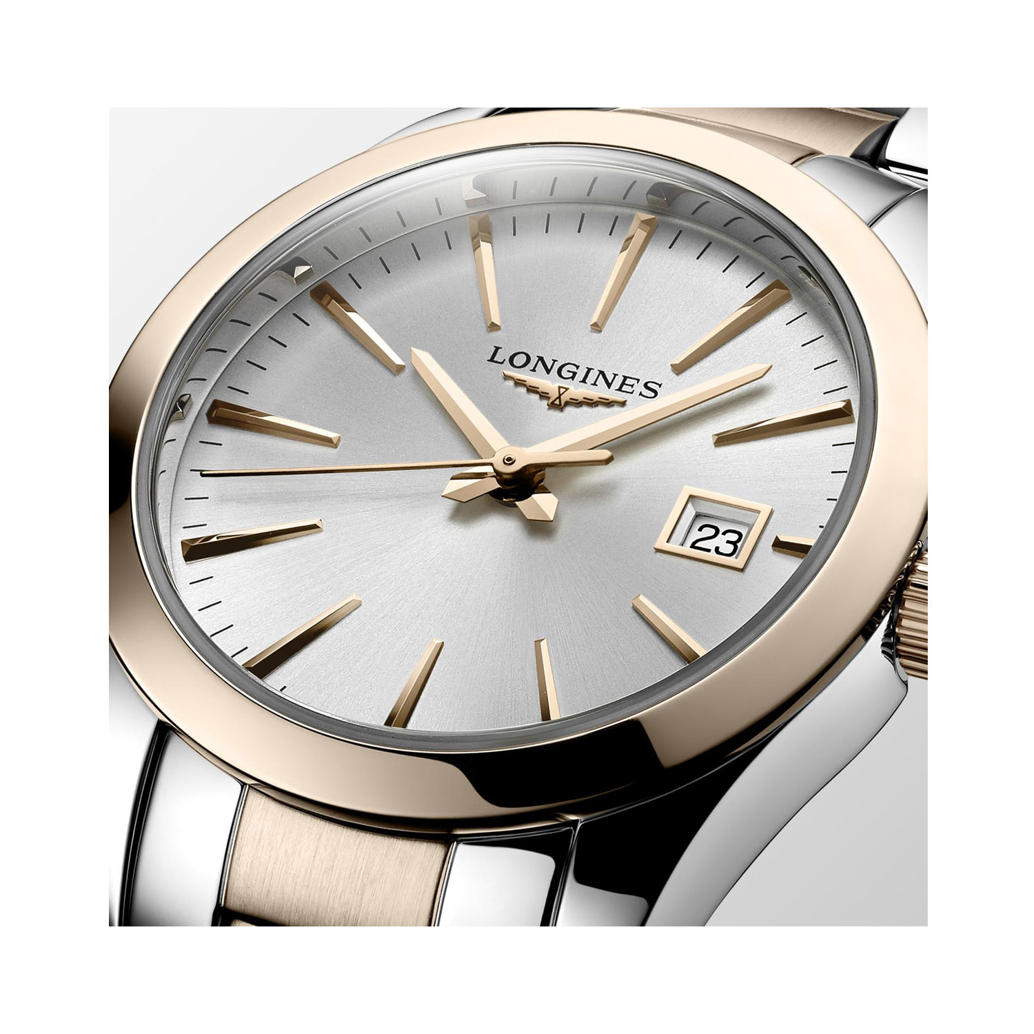 Longines, Conquest Classic Sunray Silver, Quartz Women's Watch Longines, Conquest Classic with a 29.5mm stainless steel and rose gold PVD case and bracelet strap featuring a sunray silver dial.