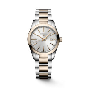 Longines, Conquest Classic with a 29.5mm stainless steel and rose gold PVD case and bracelet strap featuring a sunray silver dial.