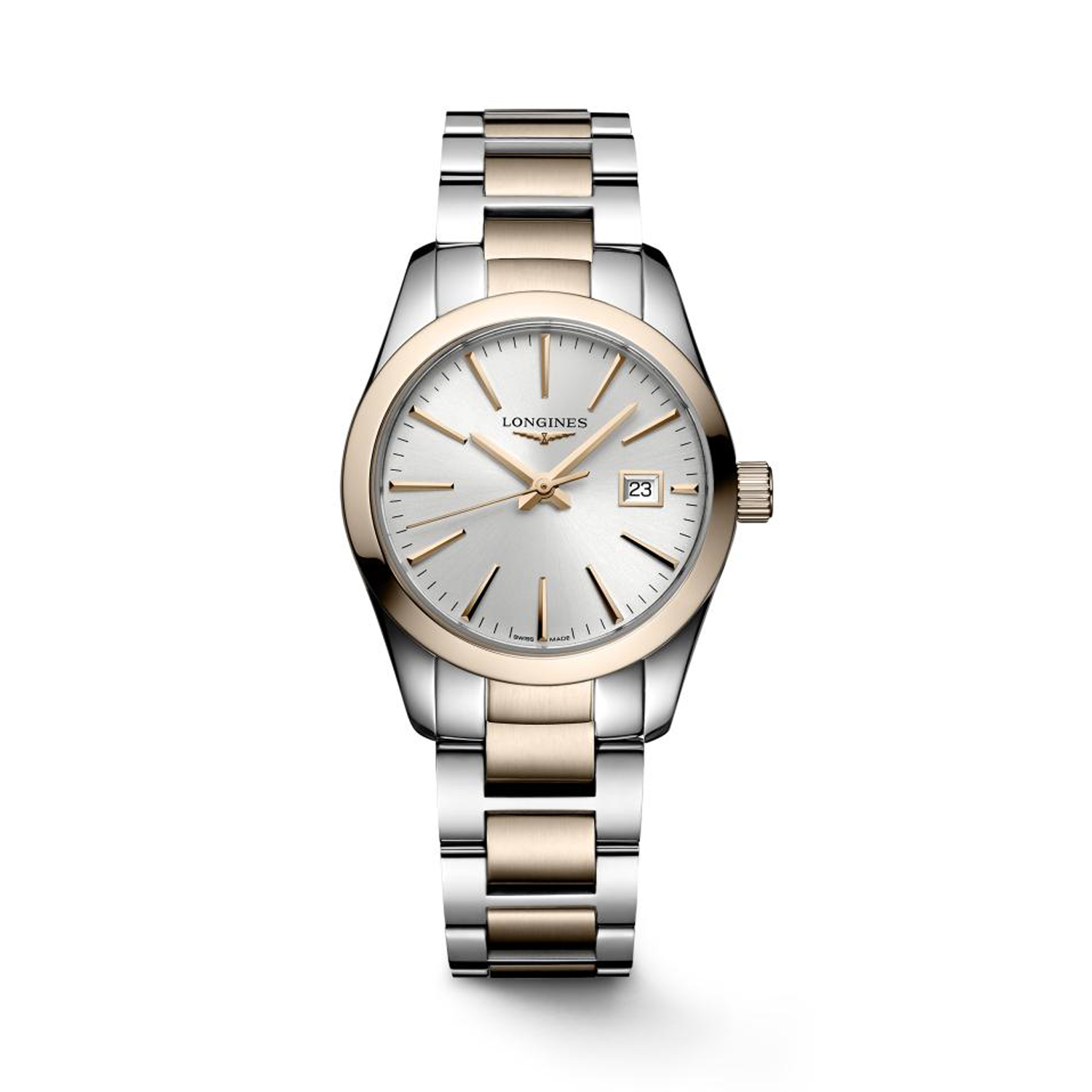 Longines, Conquest Classic Sunray Silver, Quartz Women's Watch Longines, Conquest Classic with a 29.5mm stainless steel and rose gold PVD case and bracelet strap featuring a sunray silver dial.