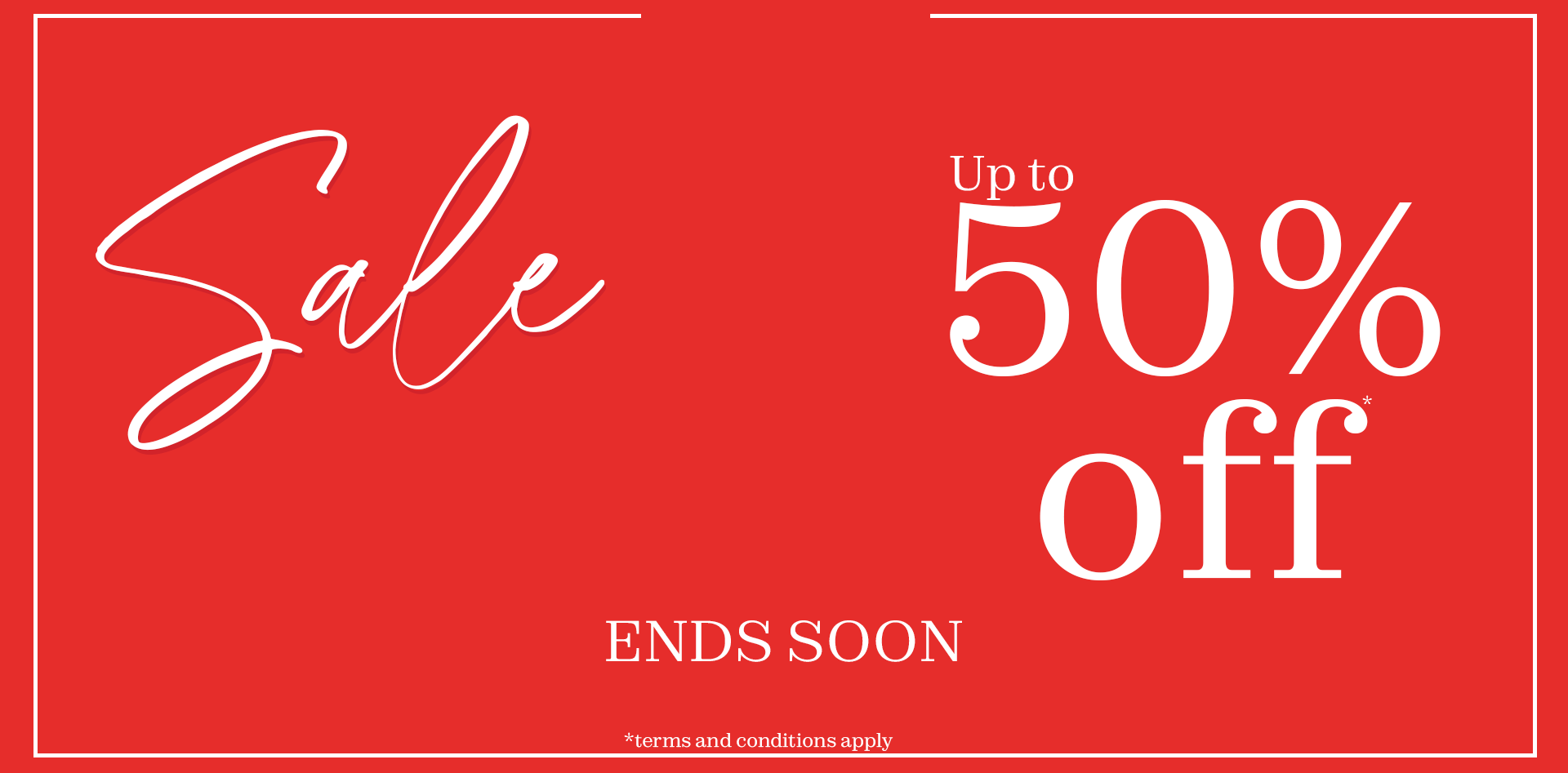 Red sale banner with white writing.