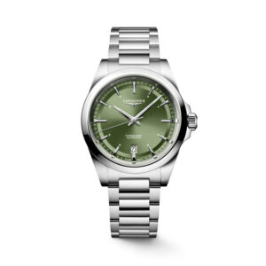 Longines, Conquest with a 38mm stainless steel case and bracelet strap featuring a date function with a sunray green coloured dial.