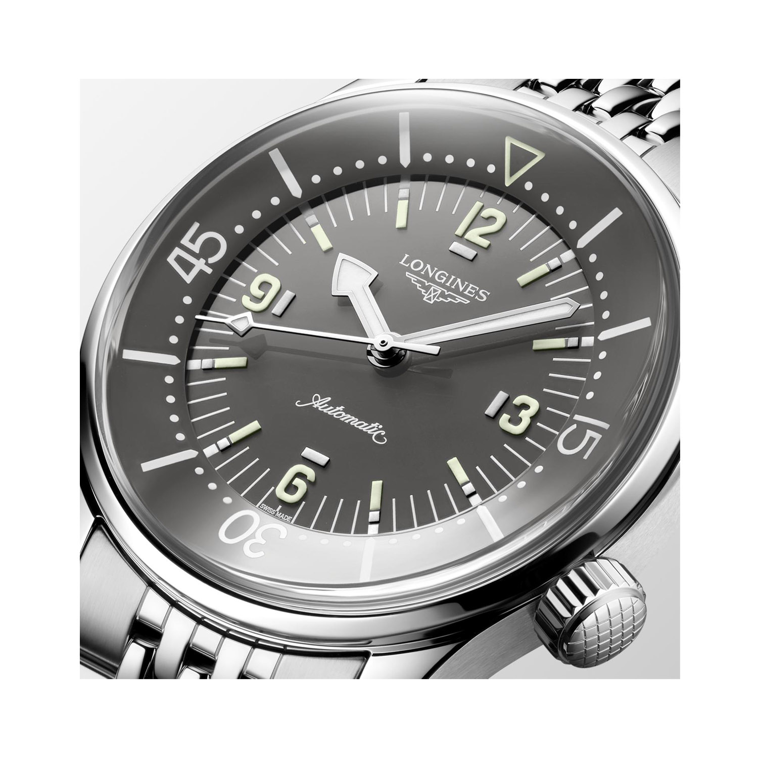 Longines, Legend Diver with a 39mm stainless steel case and bracelet strap featuring a grey dial.