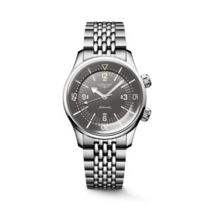 Longines, Legend Diver with a 39mm stainless steel case and bracelet strap featuring a grey dial.
