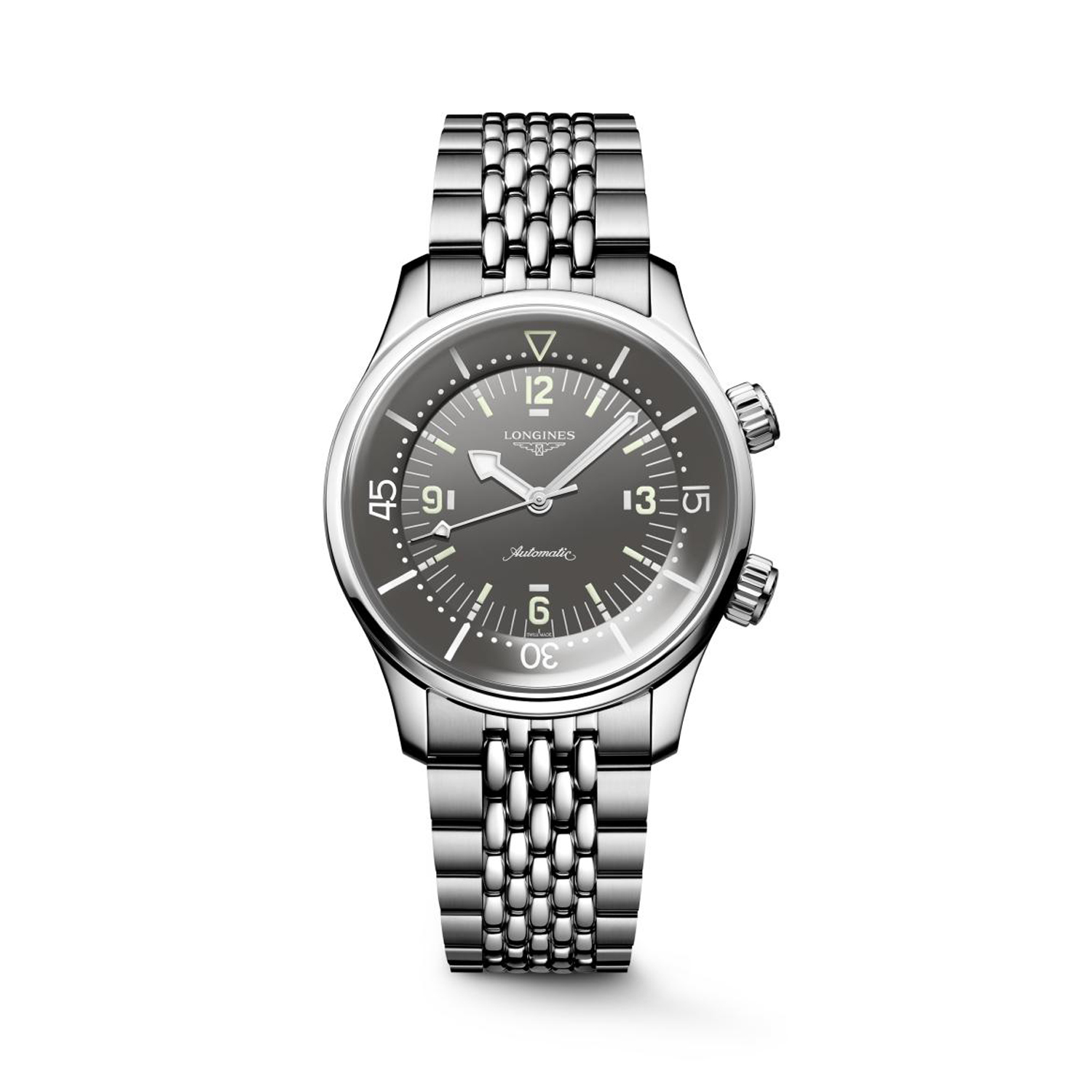 Longines, Legend Diver with a 39mm stainless steel case and bracelet strap featuring a grey dial.
