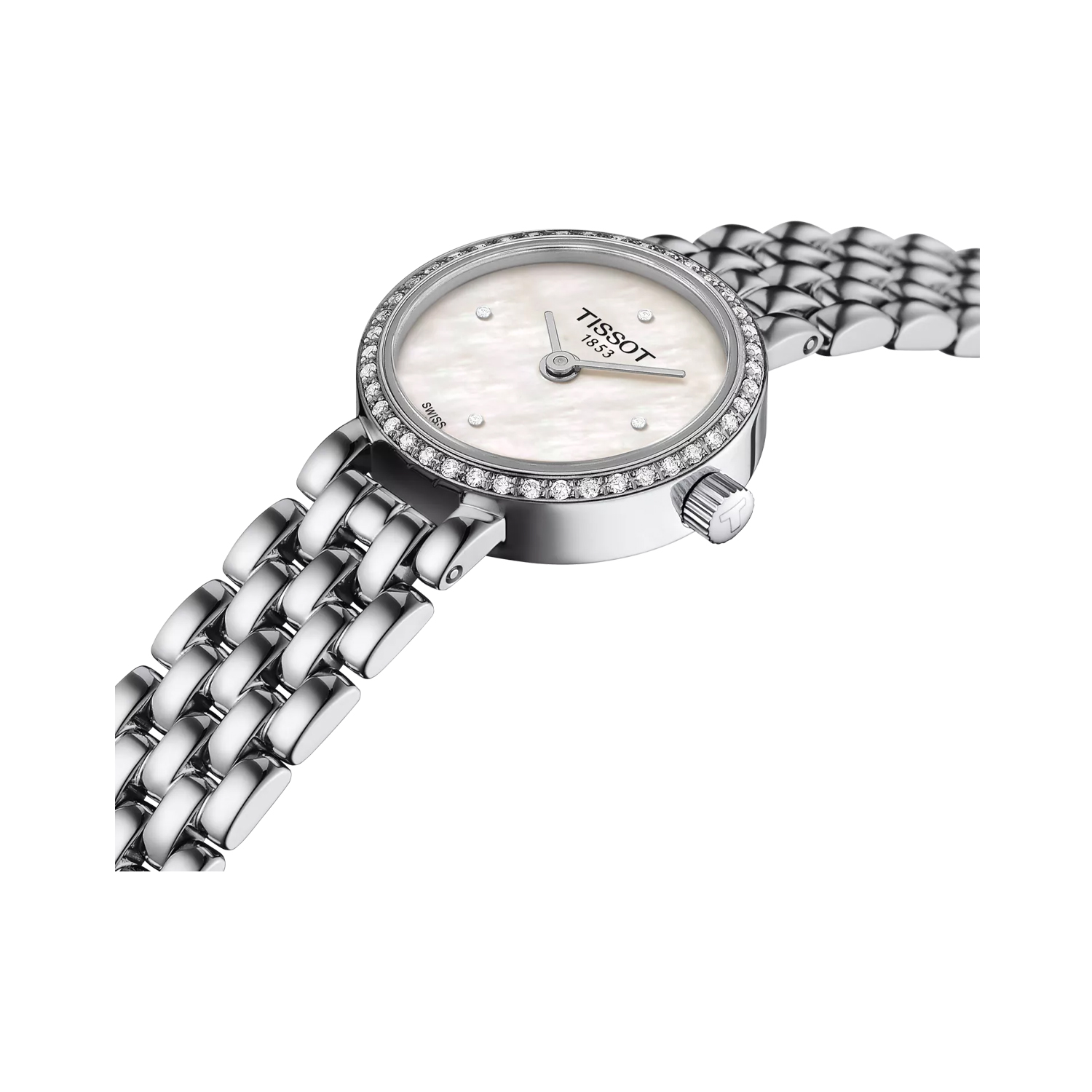 Tissot, Lovely with a 19.5mm stainless steel case and bracelet strap featuring a mother of pearl diamond set dial and diamond bezel.