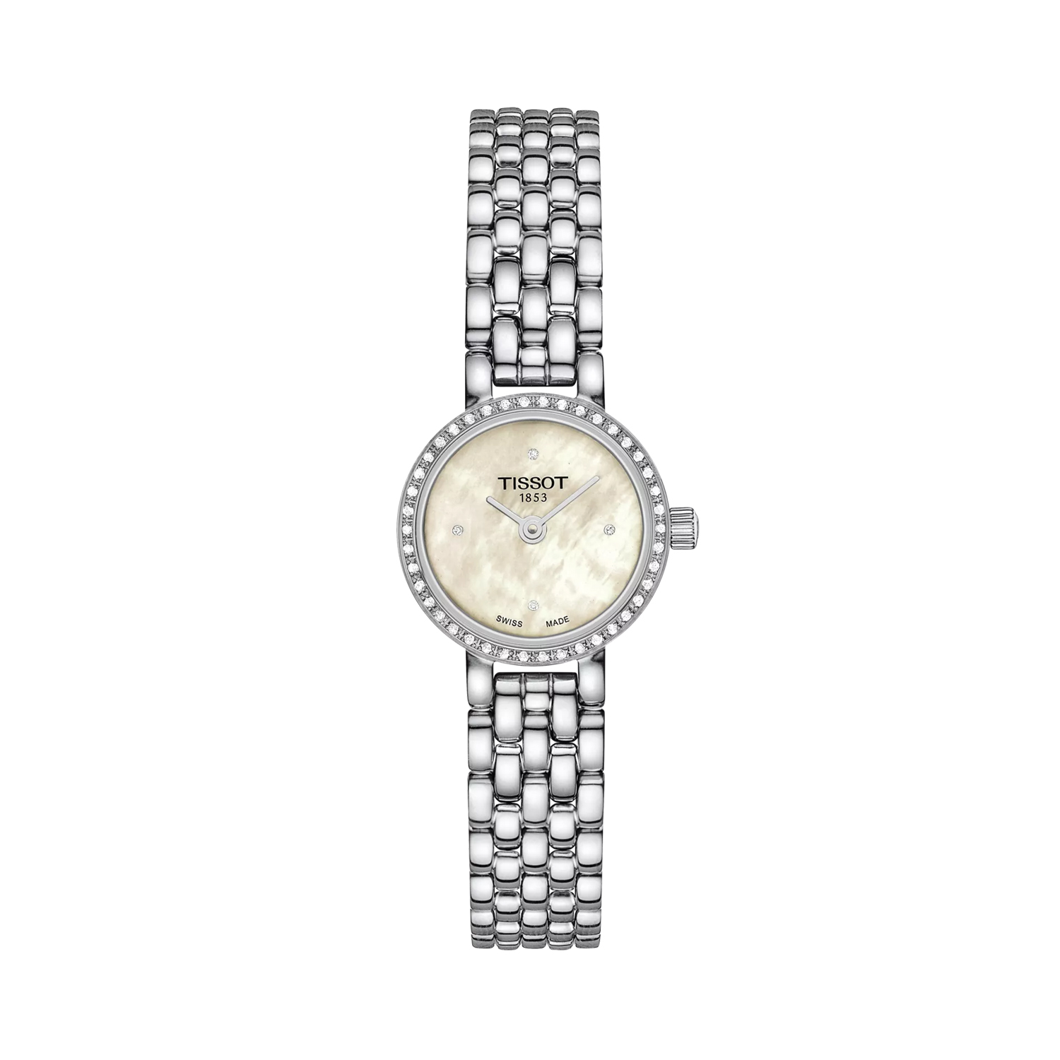 Tissot, Lovely with a 19.5mm stainless steel case and bracelet strap featuring a mother of pearl diamond set dial and diamond bezel.