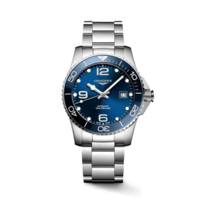 Longines, HydroConquest with a 41mm stainless steel case and bracelet strap featuring a date function and a blue dial and bezel.